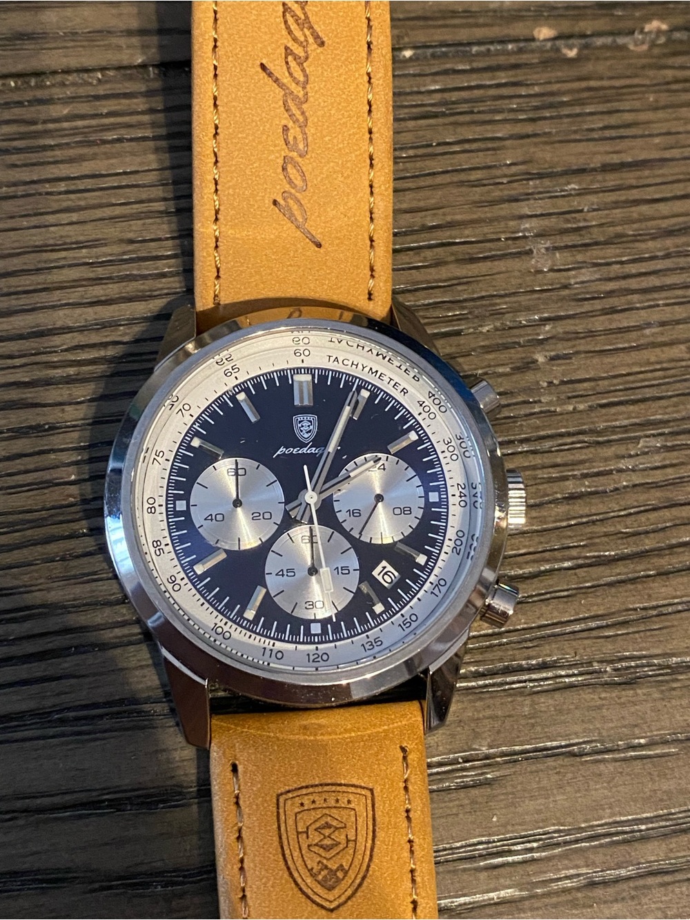 Blue Dial Chronograph Watch with Tan Leather Strap